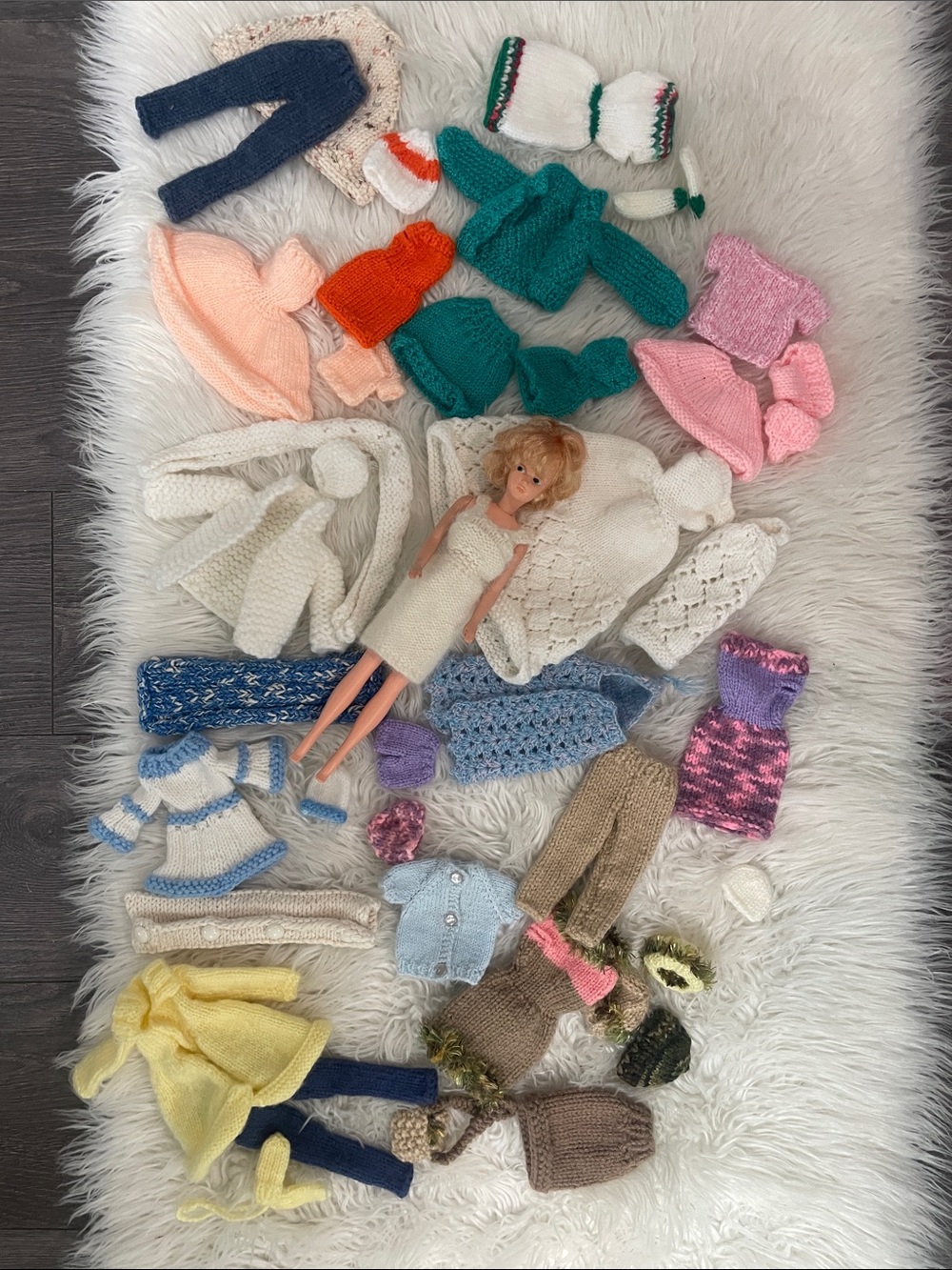 VTG Barbie variety of colorful, handcrafted knit and crochet pieces